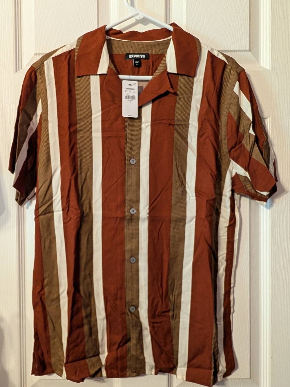 Express Men’s Rust, Cream & Brown Vertical Stripe Short Sleeve Shirt